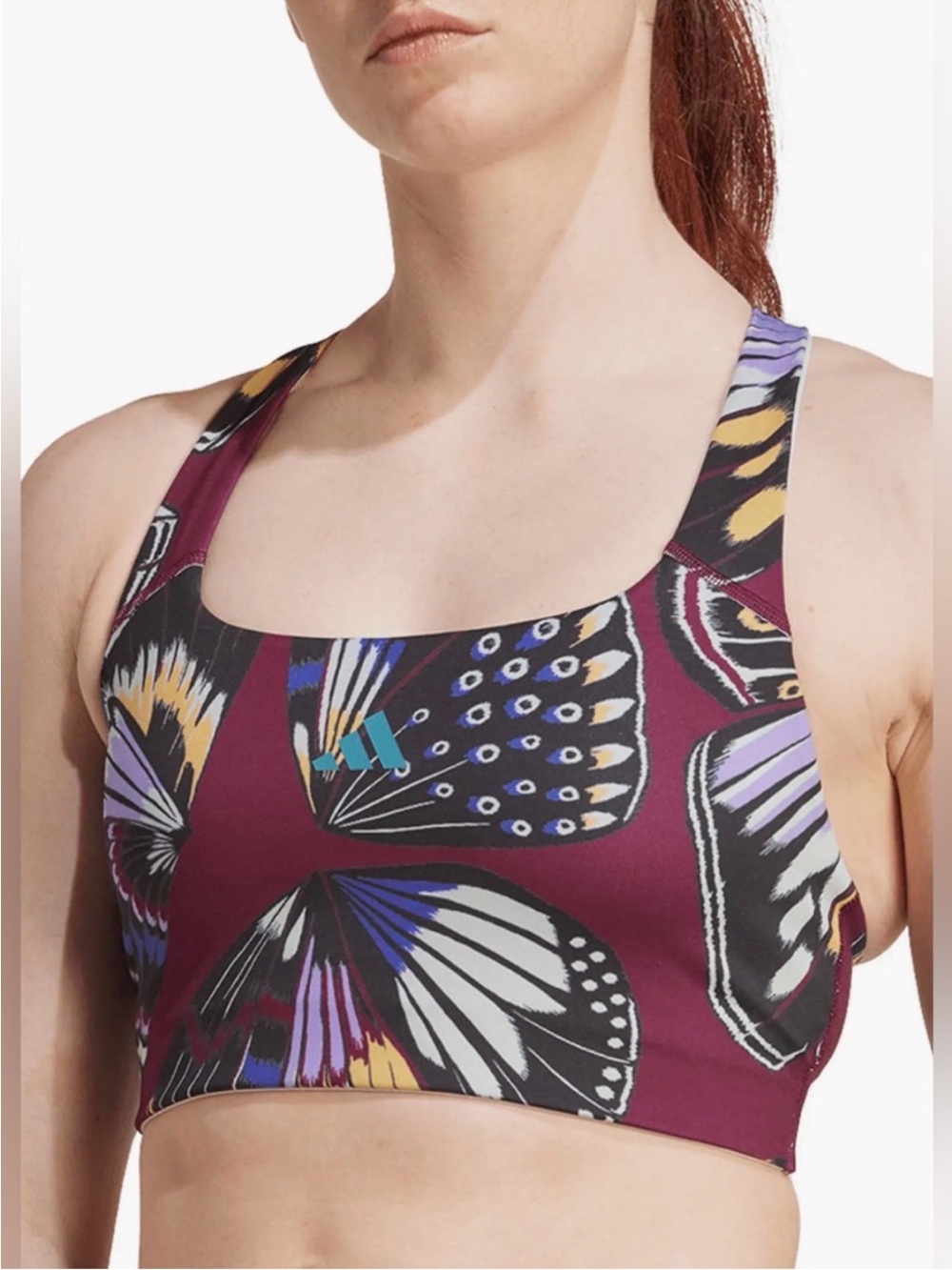 NWTs Adidas/ Farm Rio Women’s Maroon Butterfly-Print Sports Bra